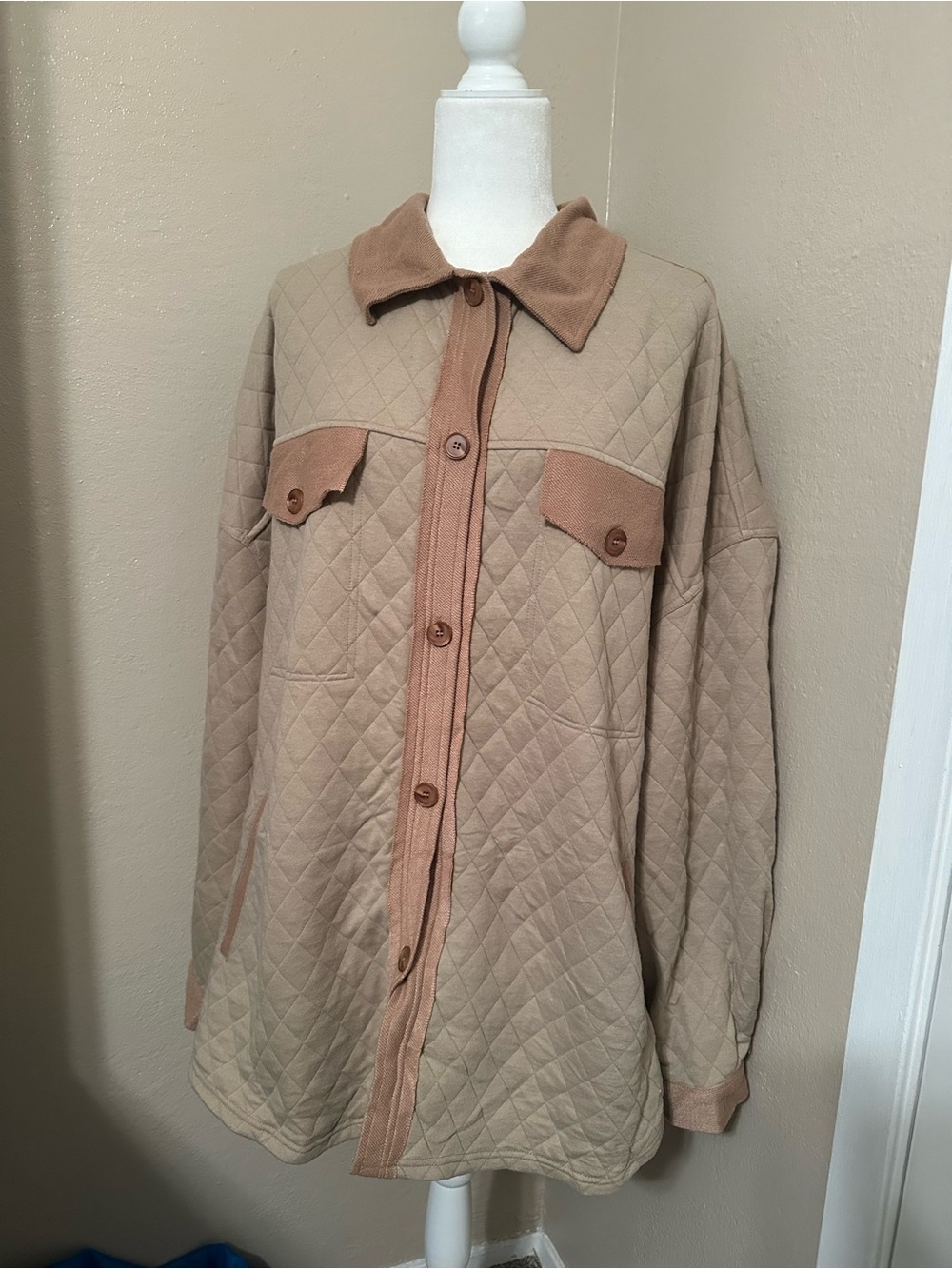 Quilted Utility Jacket in Taupe with Contrast Trim